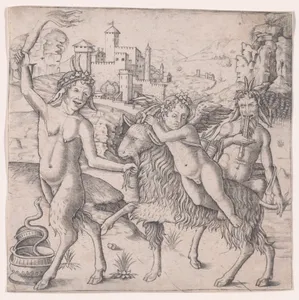Cupid riding a goat accompanied by two satyrs, landscape in the background