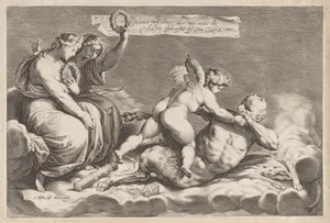 Cupid wrestling with Pan, amongst the clouds, with two allegorical women seated at left