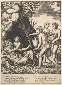 Daphne embracing her father, the river-god Peneus, at the left three nymphs bring jars from "Story of Apollo and Daphne"