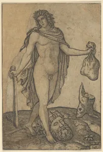 David standing, sword in lowered right hand, sack in the left, the head of Goliath on the ground beneath him
