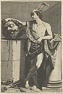 David standing with crossed legs and holding the head of Goliath on a pedestal at left, a sword on the ground, after Reni by Guido Reni|Anonymous