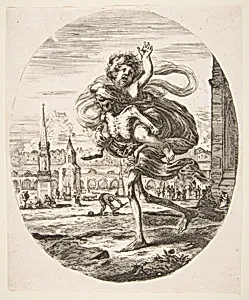 Death carrying a child, from 'The five deaths' (Les cinq Morts) by Stefano della Bella