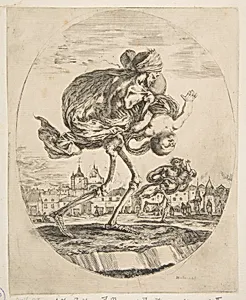 Death carrying an infant, from "The five deaths" (Les cinq Morts) by Stefano della Bella