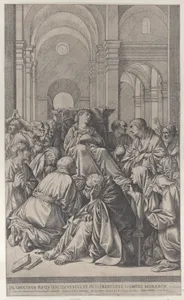 Death of the Virgin, lying on a chair at center, surrounded by Apostles, inside a temple