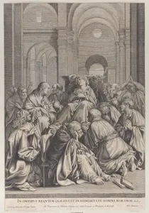 Death of the Virgin, lying on a chair at center, surrounded by Apostles, inside a temple