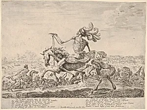 Death on a battlefield, atop a horse riding towards the left, wearing a hat with many feathers, other figures of Death battling to left and right in the background by Stefano della Bella
