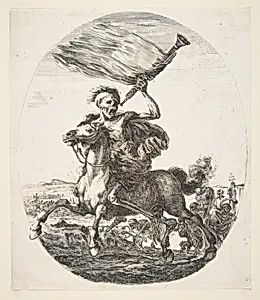 Death on horseback holding a trumpet, from 'The five deaths' (Les cinq Morts) by Stefano della Bella