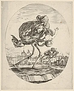 Death walking towards the right and carrying an infant upside down, another figure of Death to right in the middleground, the mass grave of Saints-Innocents in Paris in the background, from 'The five deaths' (Les cinq Morts) by Stefano della Bella