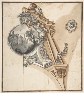 Decoration over an Arch with a Landscape Scene in a Round Compartment