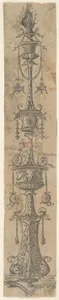 Decorative border panel with flaming candelabra ornamented with foliate designs, swags, and a cow's skull, from Life of the Virgin and Christ