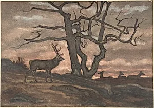 Deer and Tree Against Sunset