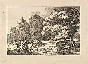 Deer Hunting – A Landscape Scene with Stag and Hounds in a River by Thomas Rowlandson
