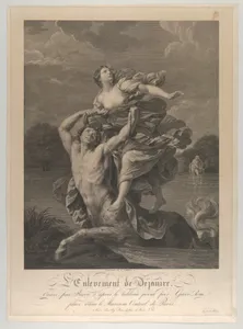 Dejanira being abducted by the centaur Nessos, a man with bow and arrow at right, after Reni