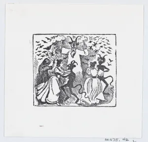 Demons dancing with women and bats flying through the sky