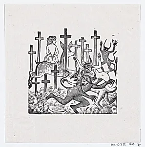 Demons running away from a woman on a deer riding through a field of crosses by José Guadalupe Posada|José Sanchez
