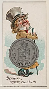 Denmark, 1 Kronor, from the series Coins of All Nations (N72, variation 2) for Duke brand cigarettes by W. Duke, Sons & Co.