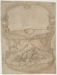 Design for a Bucket-Like Vessel with a Handle of Non-Figural Interlaces, on a Body Adorned with a River God and Two Putti