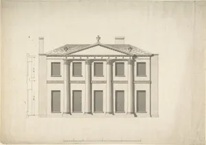 Design for a Building Facade of Two Storeys and Five Bays, with a Pediment and an Adamesque Portico, Elevation and Wall Plan