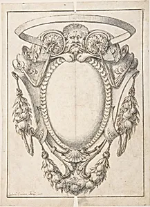 Design for a Cartouche Decorated with a Mask, Swags and Rosettes. by Sebastiano Cavina