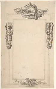Design for a Cartouche or Frame with Four Groups of Military Ornament: Flames and Thunderbolts on bottom; Swags of Bombs at Sides; Sword, Baton, and Laurel Top.