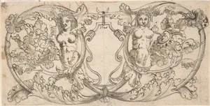 Design for a Cartouche with Acanthus Scrolls from which Female Figures Emerge