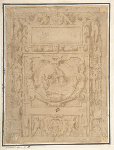 Design for a Cartouche with the "IHS" Monogram of the Society of Jesus, Putti, Fantastick Creatures, at the Borders, a Central Scene of the Virgin and Child with a Monastic Figure, and the Family Arms of a Cardinal