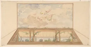 Design for a ceiling painted with a trompe l'oeil awning and putti in clouds