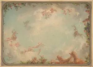 Design for a ceiling painted with putti in clouds with roses