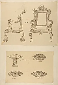Design for a Chair and Three Designs for Ceiling Molding by Anonymous, French, 19th century