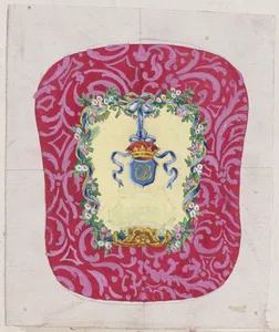 Design for a Chair Back Cover with an Ornamental Frame Formed by a Garland of Leaves and Flowers with an Interlacing Ribbon that Forms a Bow from which a Crown Motif with a Monogram Hangs
