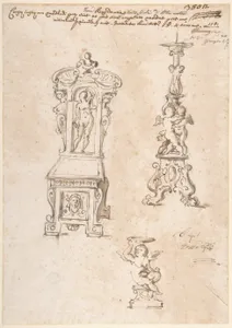 Design for a Chair, Candlestick and Putto Holding Basin