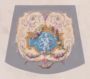 Design for a Chair Seat Cover with an Ornamental Frame with Two Restling Putti with Hanging Garlands of Leaves and Flowers Inside a Larger Ornamental Frame Featuring a Heart-Shape Motif