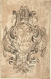 Design for a Coat of Arms with Two Dragons and Initials [?] in center (recto); Three Constructed Circles with Inscriptions (verso) by Anonymous, Italian, Piedmontese, 18th century