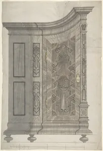 Design for a Concave Corner Cabinet (Possibly Part of a Larger Wall-Covering Unit)