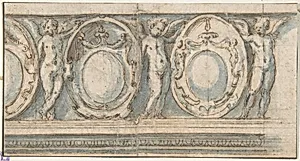 Design for a Decorated Frieze with Alternation of Cartouches and Winged Putti by Luzio Luzzi (also known as Luzio Romano, Luzio da Todi)