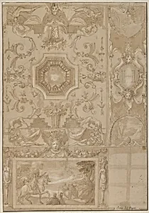 Design for a Decorated Wall and Ceiling of a Gallery, marked with the monogram of the French King Henri III or IV by Toussaint Dubreuil|Perino del Vaga (Pietro Buonaccorsi)