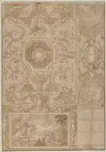 Design for a Decorated Wall and Ceiling of a Gallery, marked with the monogram of the French King Henri III or IV