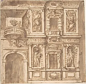 Design for a Facade with Statues in Niches and Armorial Trophies by Anonymous, Italian, 17th century