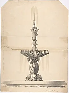 Design for a Fountain with a Shell Basin Supported by Three Dolphins and Surmounted by a Snake Spouting Water by Anonymous, British, 19th century