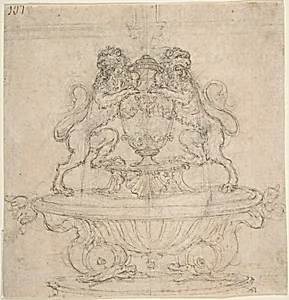 Design for a Fountain with Two Water-Spouting Lions (recto); Sketch for Triumph of Galatea [?] (verso). by Giovanni Battista Foggini