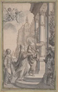 Design for a Frontispiece: A Man Guiding a Crowned Woman and her Attendants to the Entrance of a Palace