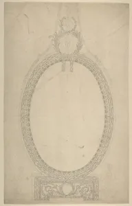 Design for a Girandole Mirror, an Oval Resting on an Oblong Base, Terminated by Two Superimposed Circular Frond-motifs, Topped with a Lion's Head from Which Hang Floral Swags and Pendants