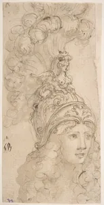 Design for a Helmet with a Sphinx presented in 3/4 View