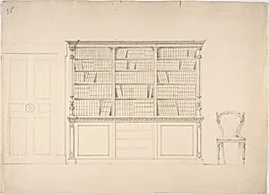Design for a Large Bookcabinet, with a Door at Left and a Chair at Right by Anonymous, British, 19th century
