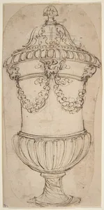 Design for a Lidded Gadrooned Vase with Satyr Heads Holding Garlands