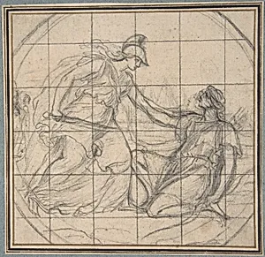 Design for a Medallion: Huntress Kneeling before an Armed Goddess by Eustache Le Sueur