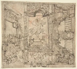 Design for a Painted Ceiling: Perspective Architectural with a Figure at the Center