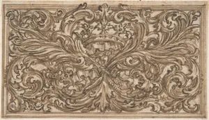 Design for a Panel Decorated with A Bundle of Foliage, A Crown and a Shell