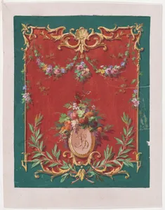 Design for a Panel or Wallpaper (?) with an Ornamental Frame with Scrolls and a Shell Decorated with Garlands and Bundles of Flowers and Fruits and a Monogrammed Oval Frame