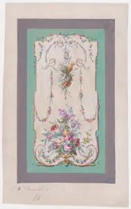 Design for a Panel with a Large Bundle of Flowers and Leaves and a Hanging Thin Bundle Containing Gardening Tools Inside an Ornamental Frame Decorated with Thin Garlands of Flowers and Leaves